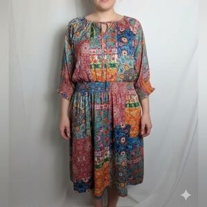 Sunny Leigh XL Multi Color Patchwork Tie Neck Dress